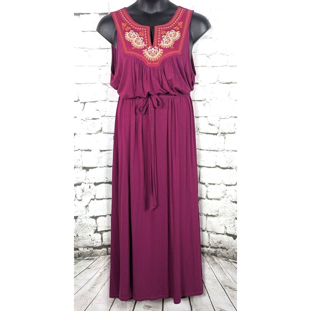 LUXOLOGY Jersey-Knit Embroidered Maxi Dress Boho Cottage Beachy Stretch Size XL